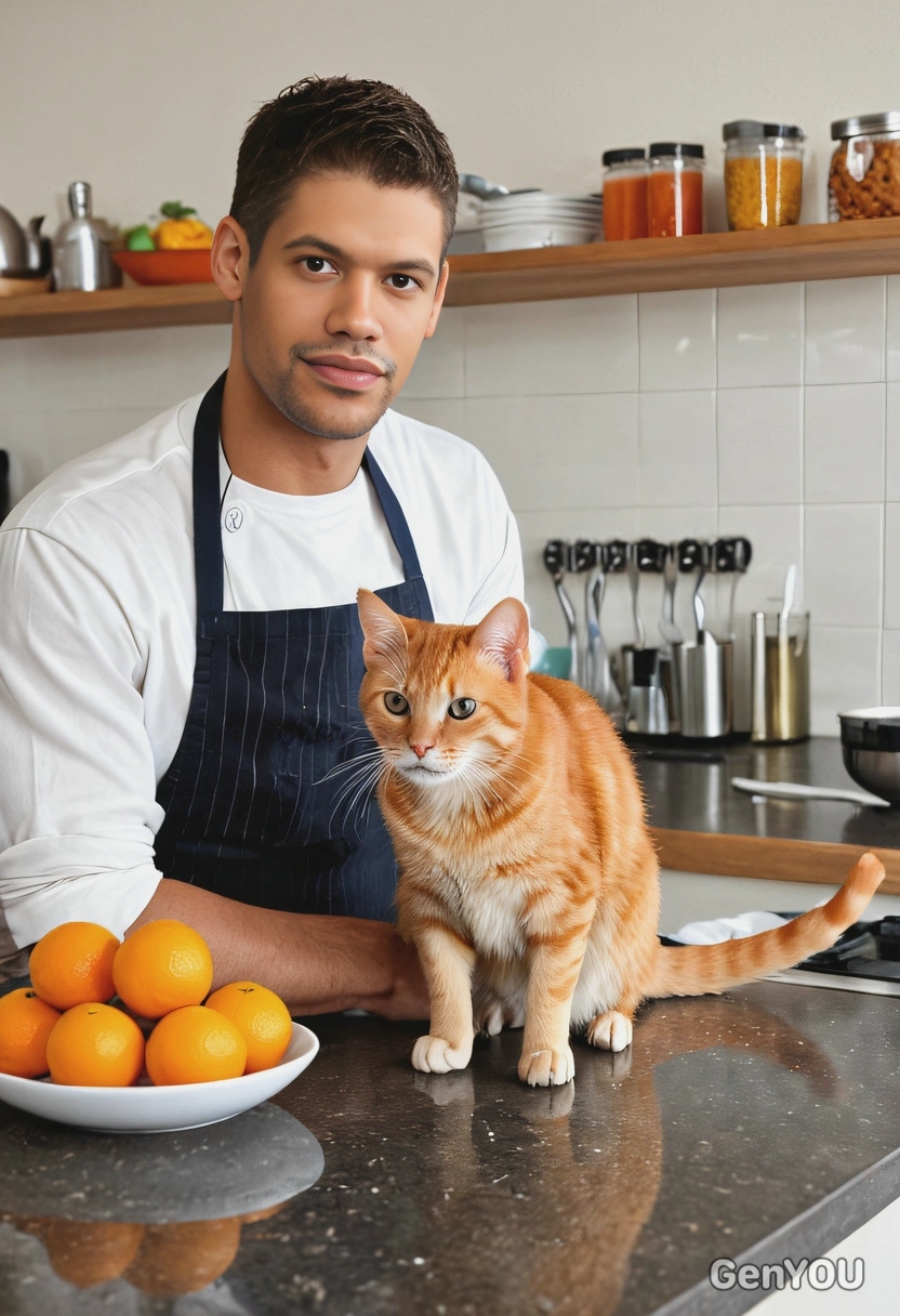 cooking with a cute orange cat sitting on the counter