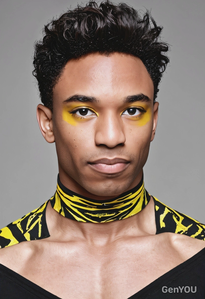 wearing male eye makeup, white and yellow colors, black skin, shoulders-up photo, professional photoshoot