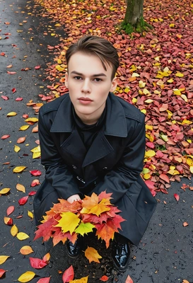 on a rainy autumn day, in black coat, with colorful leaves on the wet ground