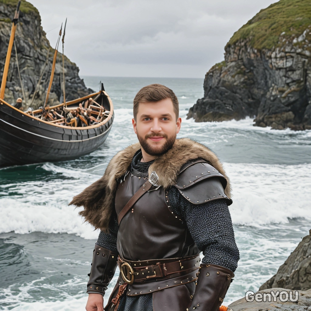 as a Viking warrior, dressed in fur and leather armor, standing on a rocky coastline with a longship in the background, the ocean waves crashing against the shore