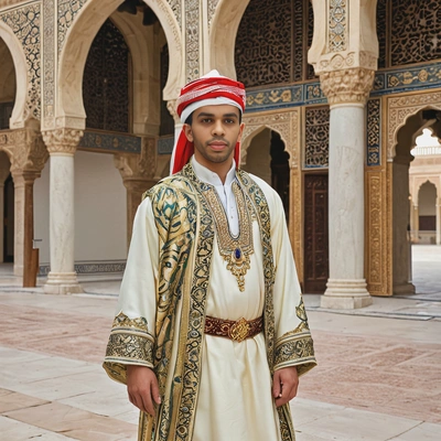 A regal Arabian sultan dressed in silk robes, standing in a grand palace courtyard