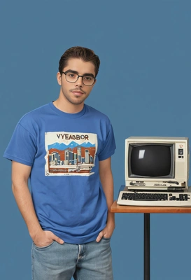 as nerdy 90s computer club member in front of a vintage computer, wearing a graphic tee, against a classic yearbook blue background
