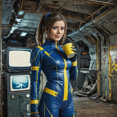 as a cosplayer of post nuclear game, cyberpunk, blue tight leather suit with thin yellow lines, inside a futuristic underground shelter, holding a coffee mug, a big old TV is on, looking straight at camera, a shabby rusty aircraft carrier on horizon, bright evening, sun, vivid colors, high-quality cinematographic style