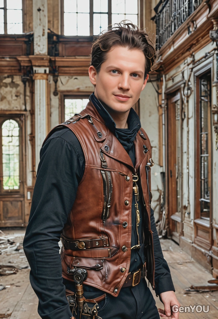 as a Steampunk adventurer, dressed in a leather vest with copper wiring , walking through a dilapidated Victorian mansion