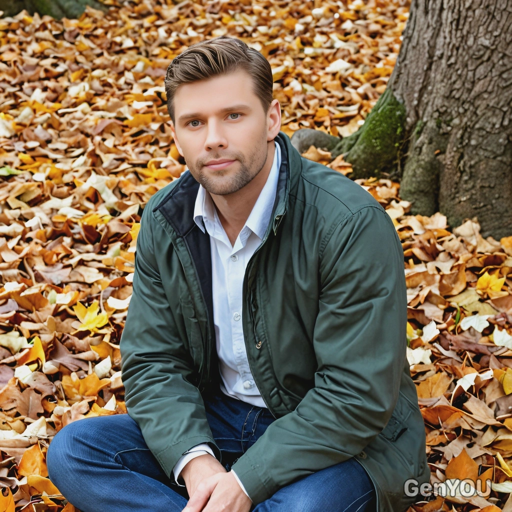 sitting near a pile of autumn leaves