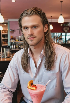 at a restaurant, long hair, pastel tones, high-res, makeup, cocktail, artistic photo