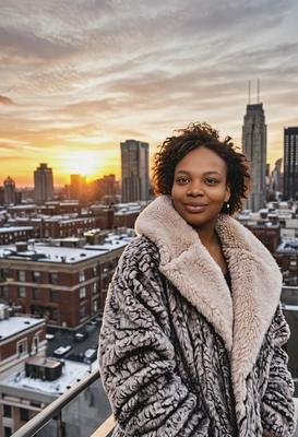an on a city rooftop at sunset, wrapped in a faux fur coat, cityscape in the background