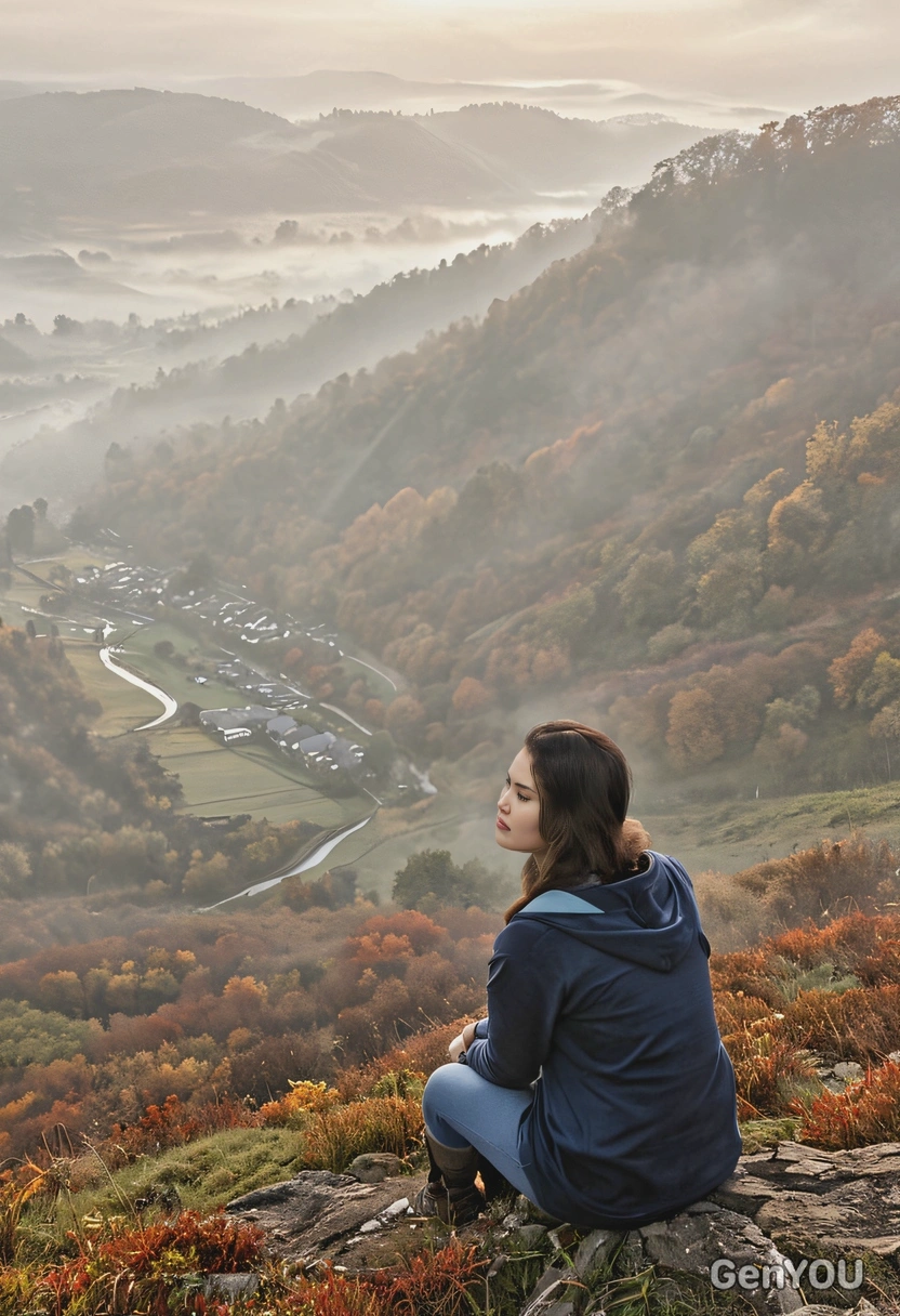 sitting on a hill, the autumn mist rise from the valley below