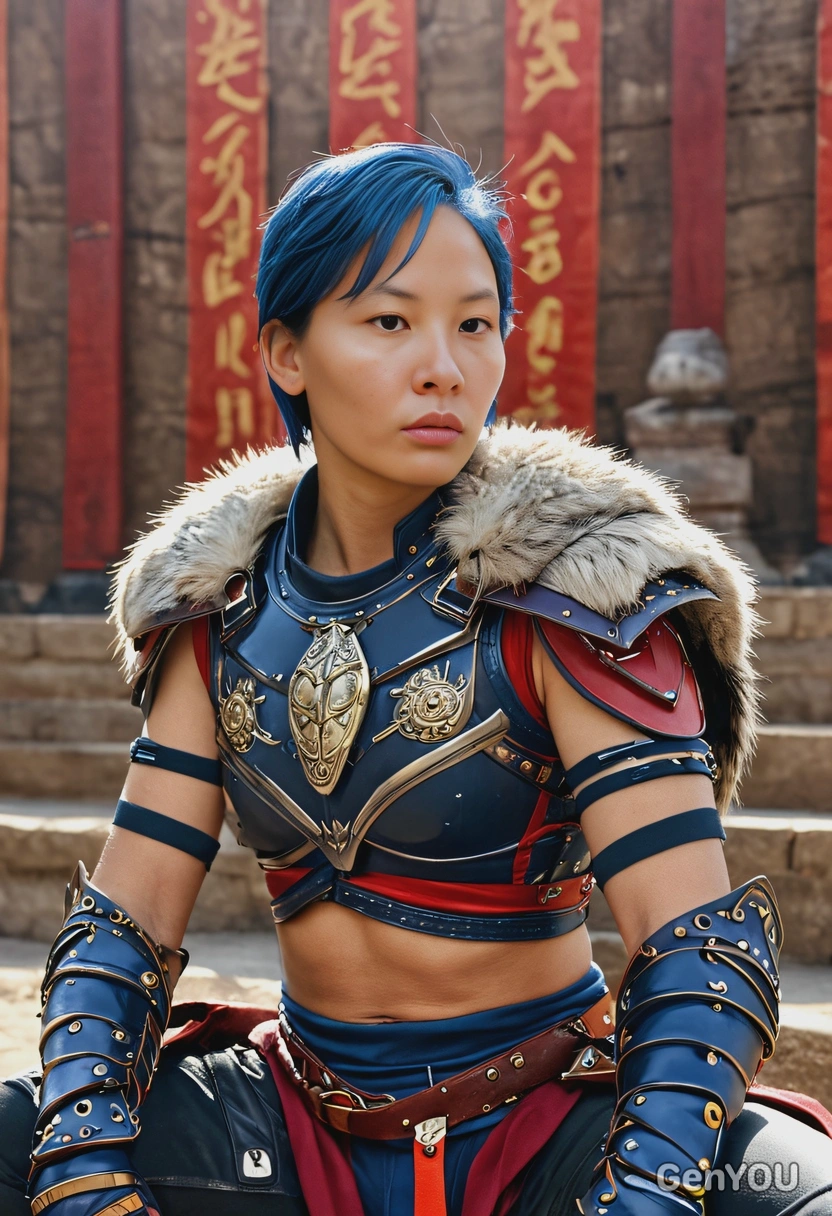 As a gladiator, fur over shoulder, sitting, amphitheater behind, eyes on you, vivid colors, symmetrical clothing details, video game style, high-quality stylized art