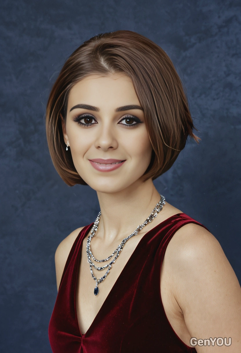 student in a dark red velvet dress and layered necklaces, her hair in a sleek bob, in a mid shot photo, classic blue yearbook background