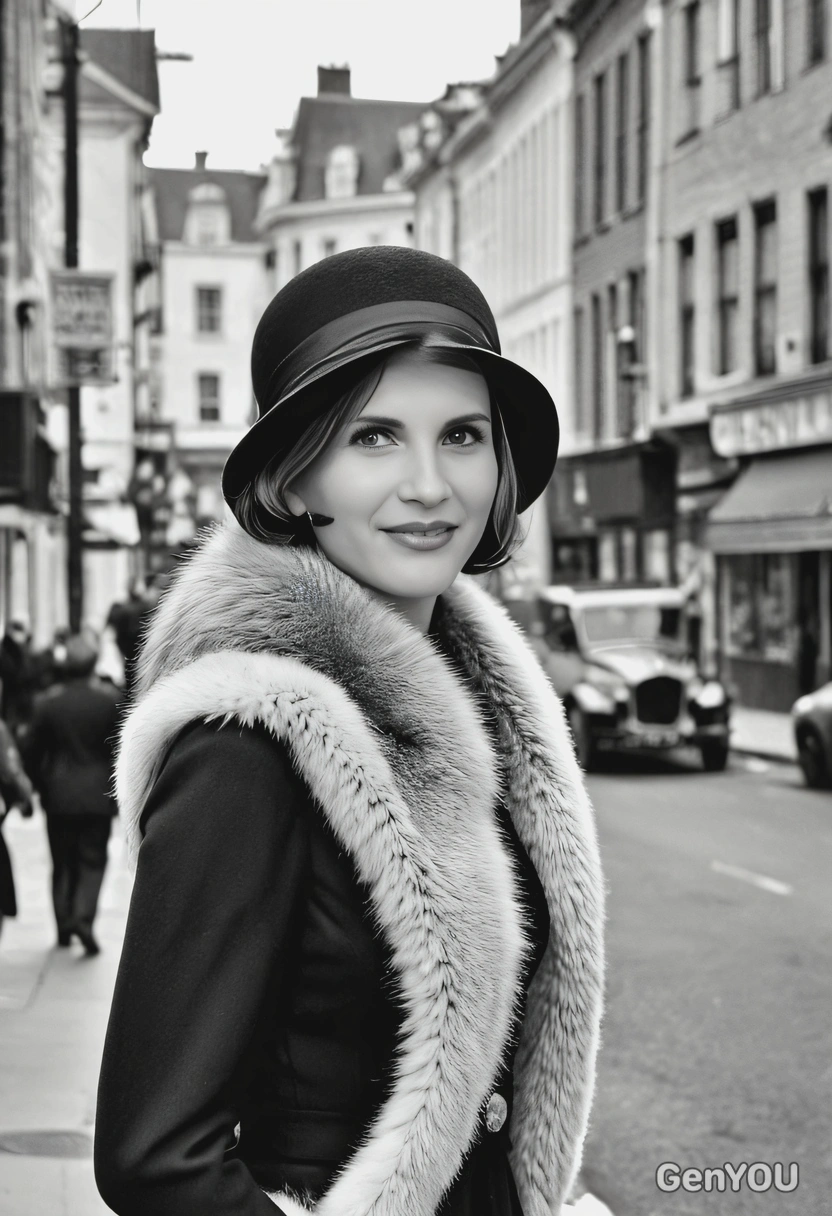  in a 1920s cloche hat and fur stole, walking down a city street, captured in black and white