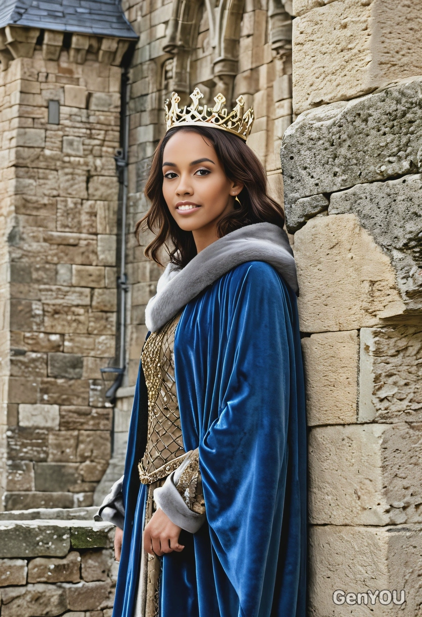 as a medieval queen, standing on the battlements of a stone castle, wearing a heavy velvet cloak with a crown, watching over the kingdom