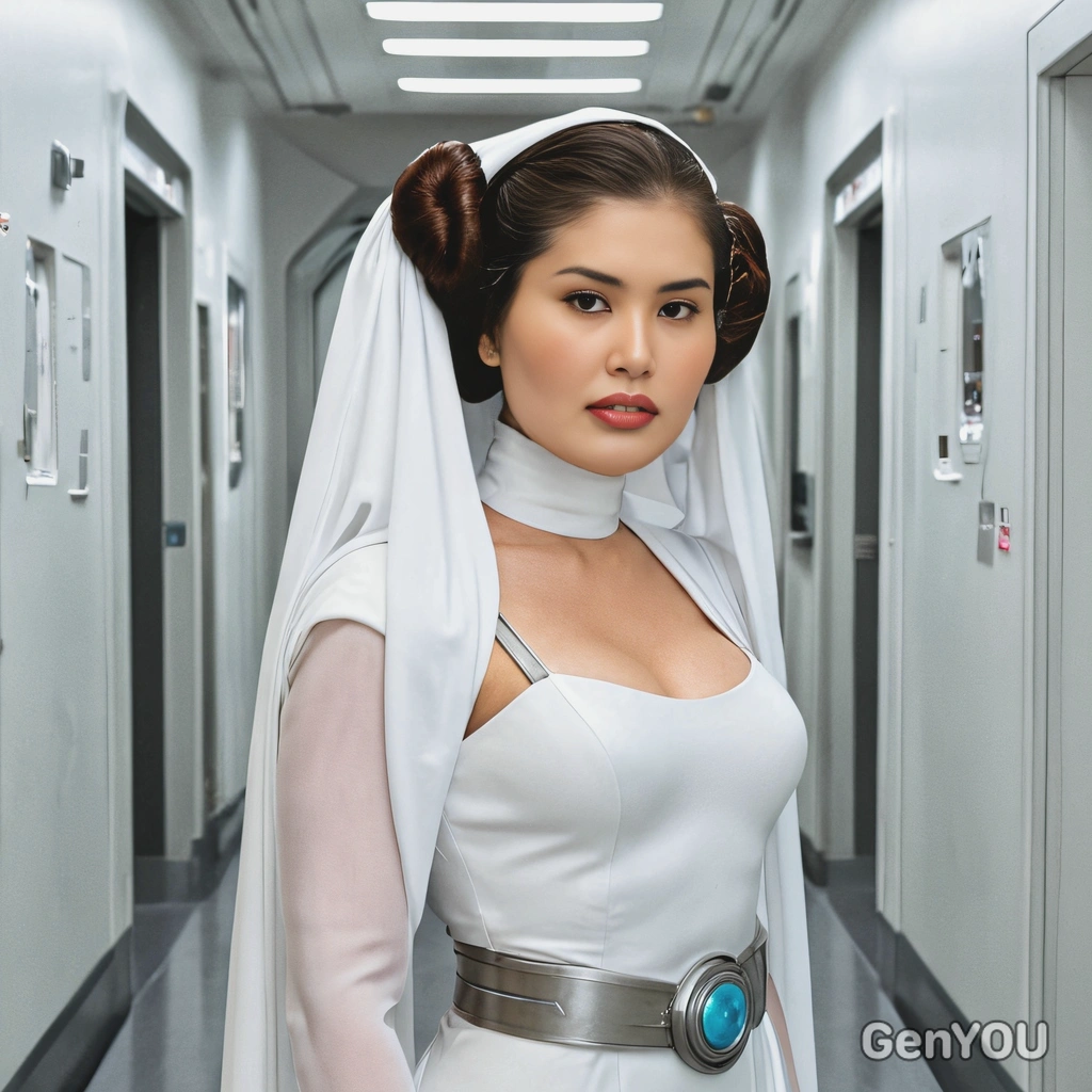 as Princess Leia from Star Wars, in her white gown,elegant, in the hallway of a starship, half body