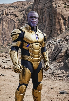 as Thanos, wearing his golden armor and gauntlet with infinity stones, standing on a desolate planet