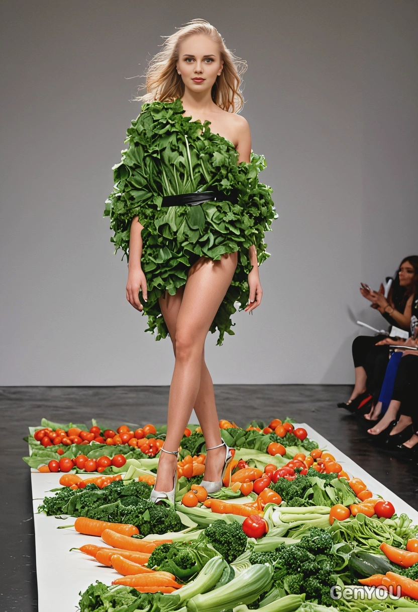 as a fashion model doing a catwalk on a runway, dressed in a wearable vegetables installation, natural wavy hair, high heels, dynamic pose