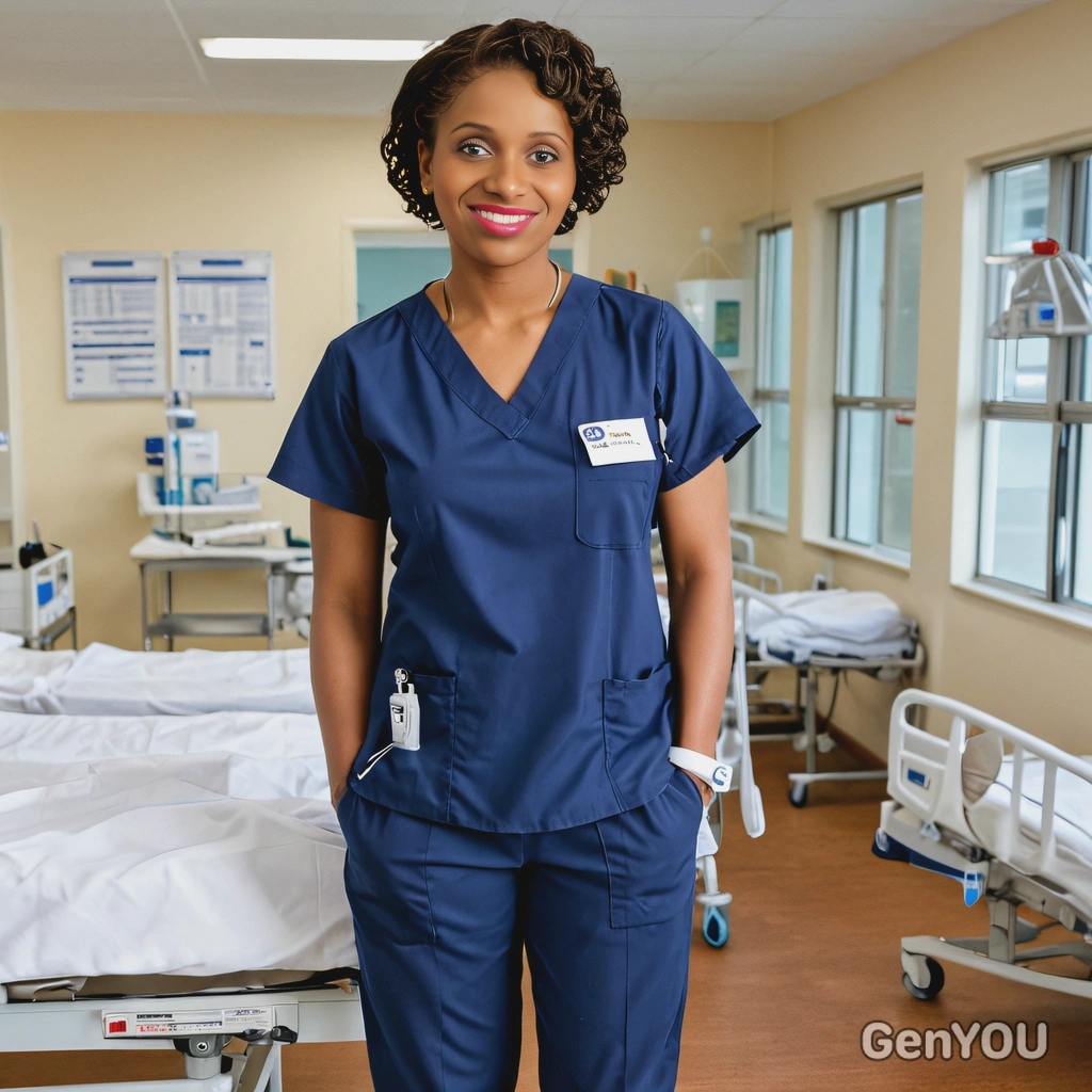 as a nurse, wearing scrubs and comfortable shoes, standing in a brightly lit hospital ward