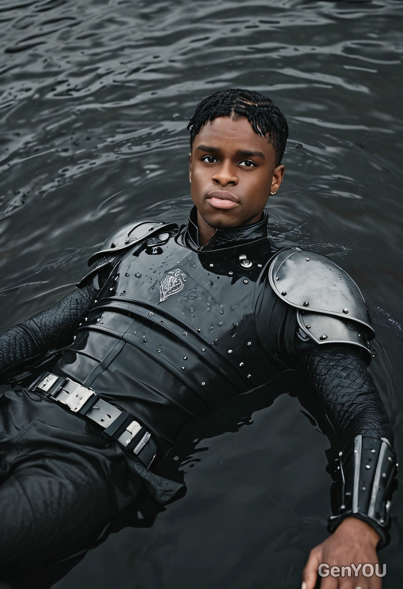 blurry background, professional photoshoot, laying in black waters, knight, modelling