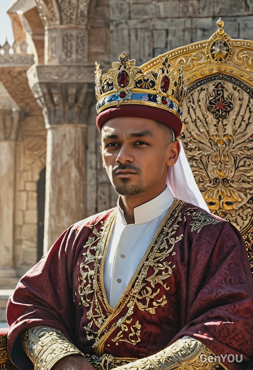 sharp quality, Ottoman Empire sultan, wearing royal clothing, massive crown, sitting on the throne, powerful look, blurry Citadel in the background, sun rays