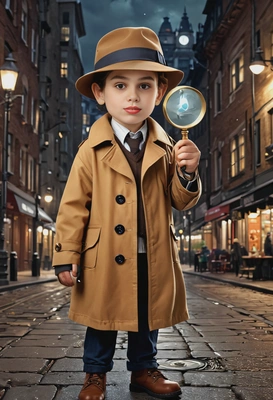 as a child inspector in brown trench coat and hat, with magnifying glass in hand, night city street behind, looking at you, smiling, symmetrical clothing details, high-quality stylized art, big round eyes, cartoonish style, visible brushstrokes