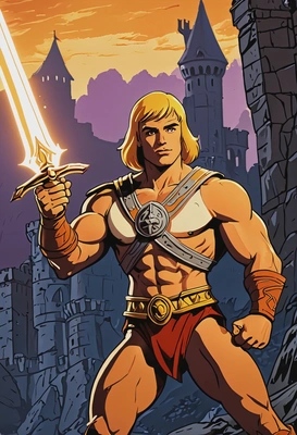 Hand-drawn flat cartoon style, He-Man from Masters of the Universe, bold heroic outlines, dramatic golden glow lighting, action pose with sword, waist-up portrait, Castle Grayskull background