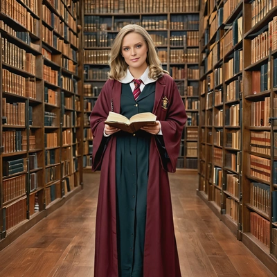 Academic headshot as hermione granger in hogwarts robe