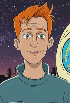 Hand-drawn flat cartoon style, Fry from Futurama, simple cartoon lines, oversized eyes, neon spaceship lighting, waist-up portrait, Planet Express background