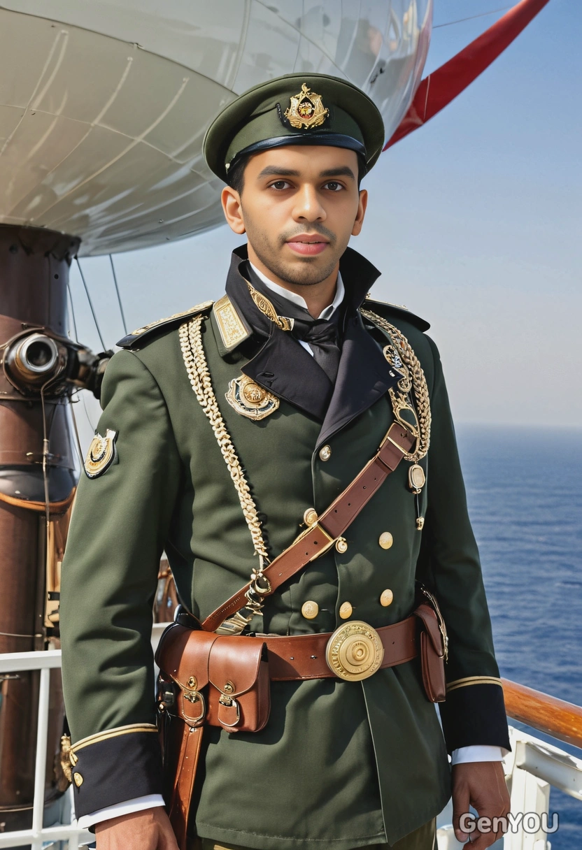 as a Steampunk captain, dressed in a military uniform with epaulettes and a telescope, standing on the deck of an airship