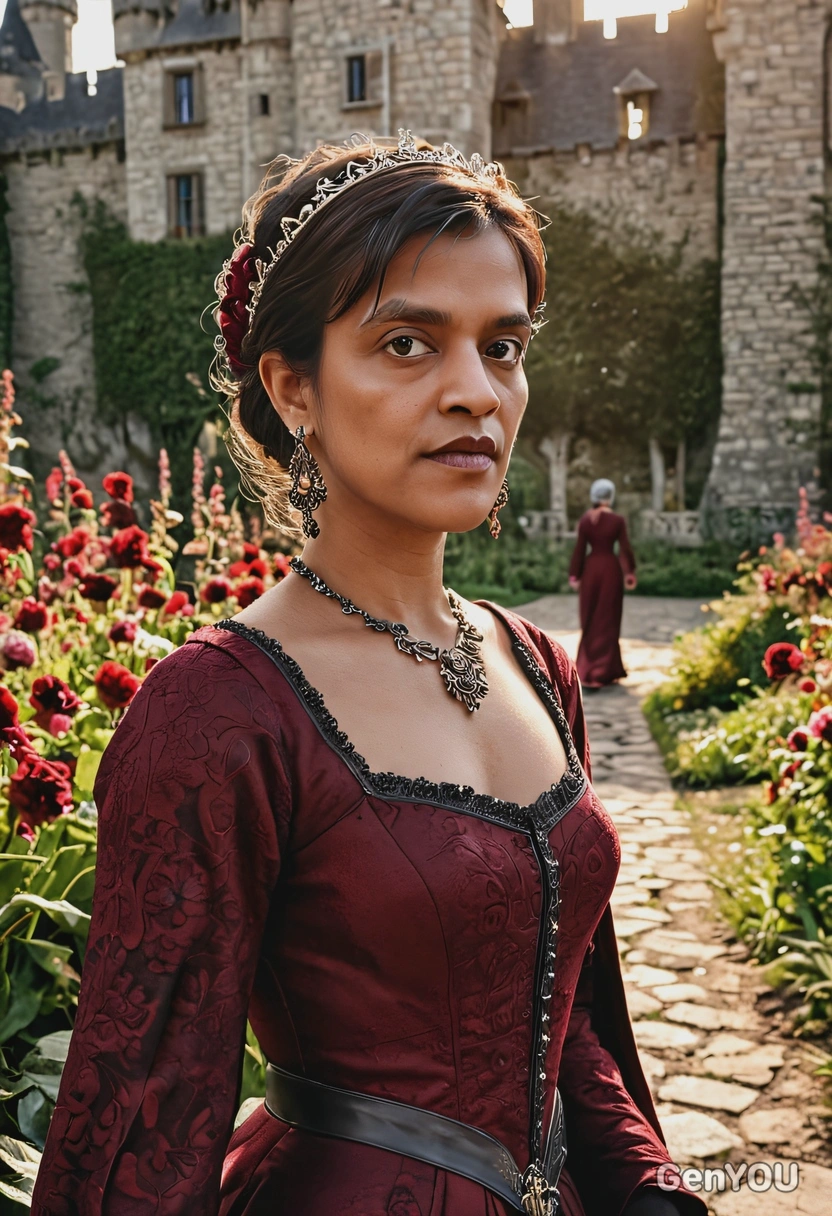 dark fantasy aesthetic, realistic skin texture, hyperrealistic textured face skin, sharp high-quality, sharp focus on the face, medieval princess, wearing a burgundy elegant royal gown and long earrings, walking in the beautiful garden surrounded by flowers, near the castle, blurry background, sunrise sun rays reflecting on the face