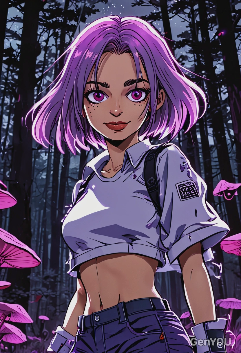 2D anime style, flat, bold ink outlines, Rokuto from Chainsaw Man, intense look, oversized cartoon big sparkling purple eyes, battle-ready stance, waist-up frame, dark forest background with glowing mushrooms