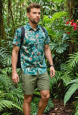 as a man, exploring a lush tropical rainforest, wearing a lightweight hiking shirt and shorts, with vibrant green foliage and exotic flowers around him