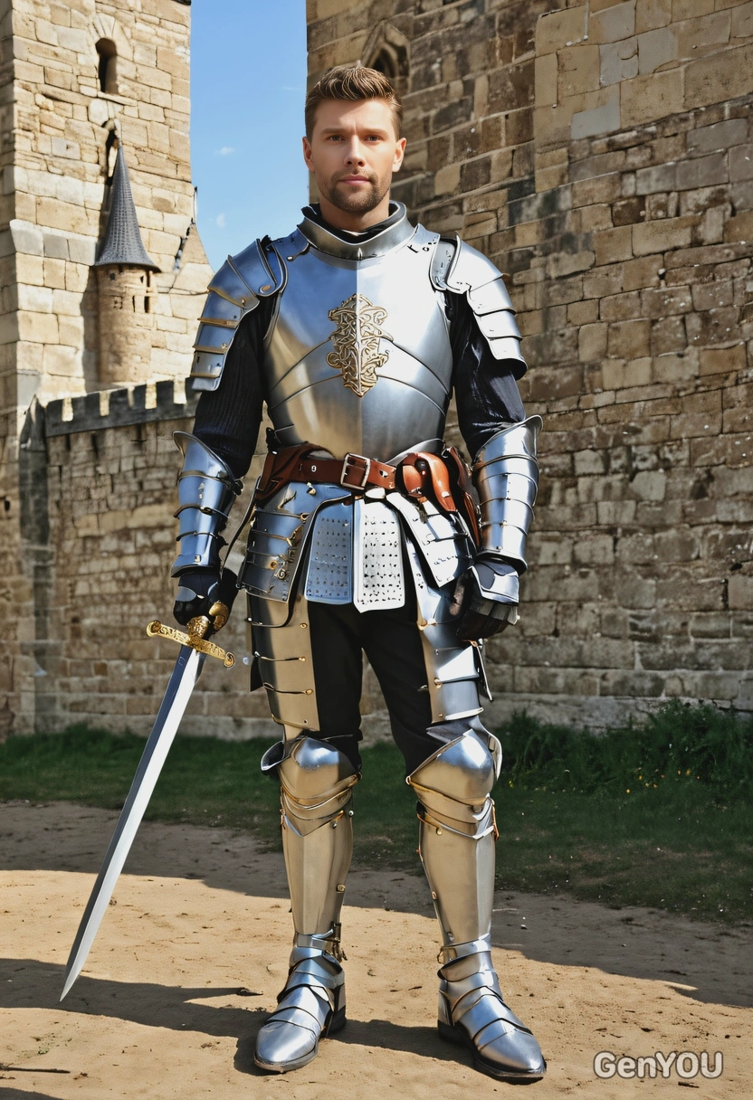 wearing a medieval knight’s armor, standing with a sword resting on the ground, with a castle wall behind