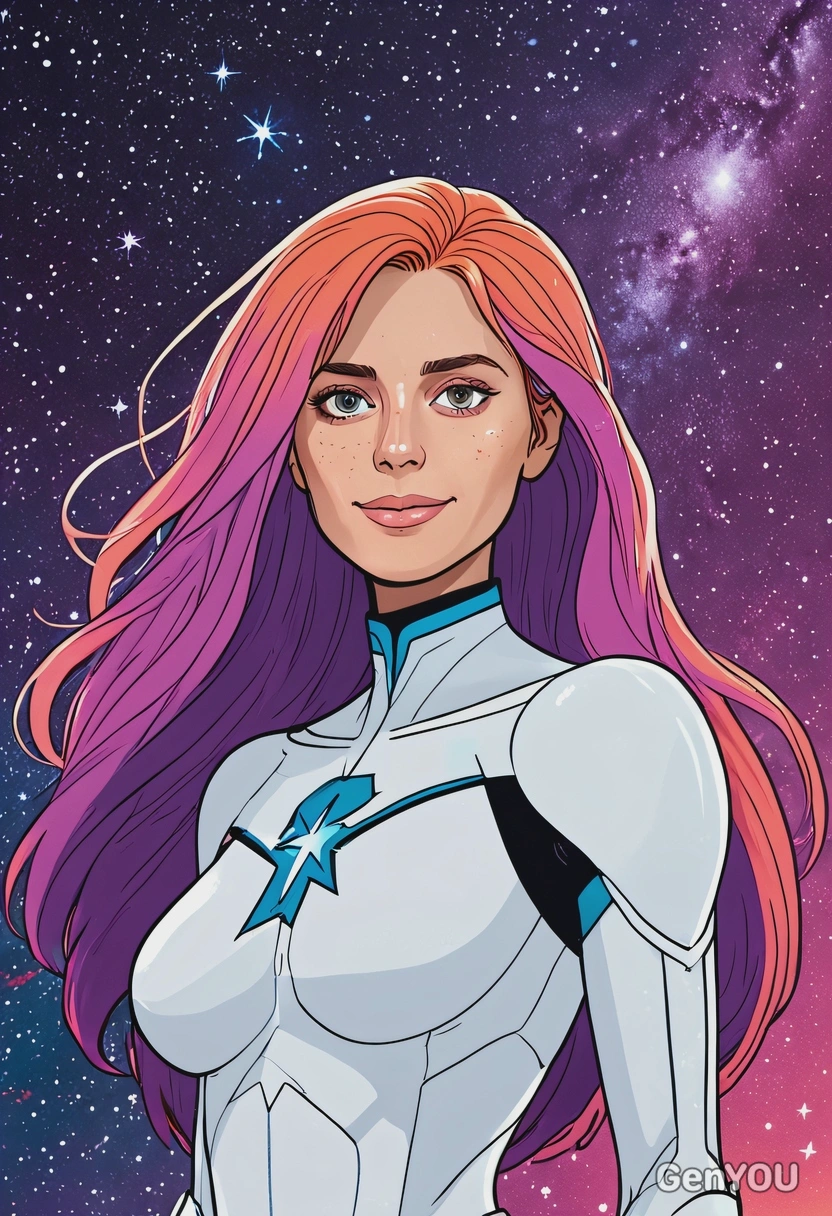 Hand-drawn flat cartoon style, Starfire from Teen Titans, playful outlines, bright cosmic glow lighting, waist-up portrait, starry space background