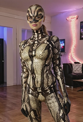 posing in a snake morphsuit at a party, blurry lights in the background, full-body image