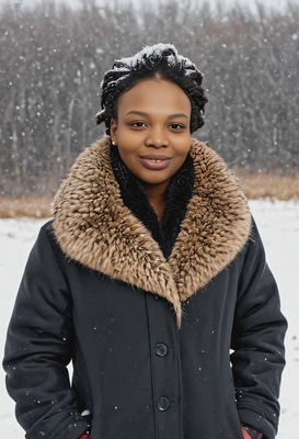 in a fur-lined coat, standing in a snowy field 