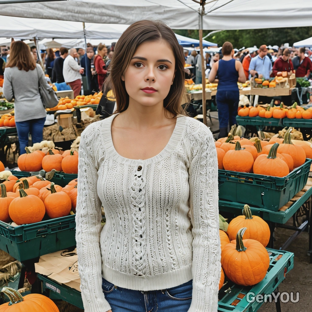 standing at a farmer’s market, surrounded by pumpkins