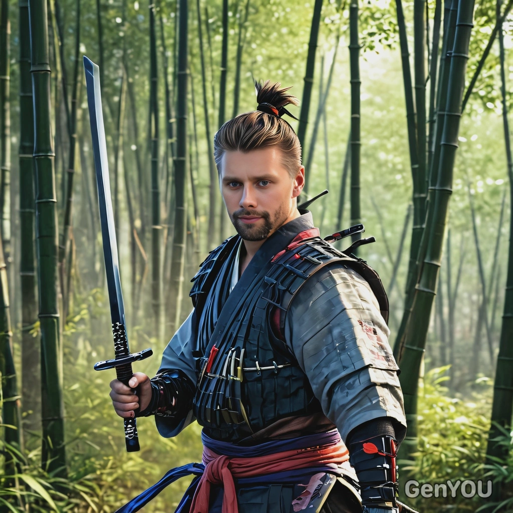 as a samurai, small frame, blurred bamboo forest on background, holding a katana, looking directly at you, vivid colors, symmetrical clothing details, video game style, high-quality stylized art