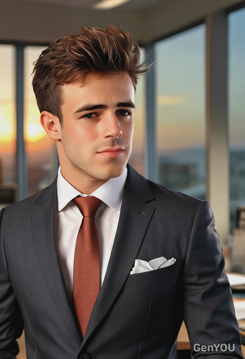 neat business suit, flight hair, serious look, leaning on the office desk, blurry office background, sharp high-quality, sunset lighting
