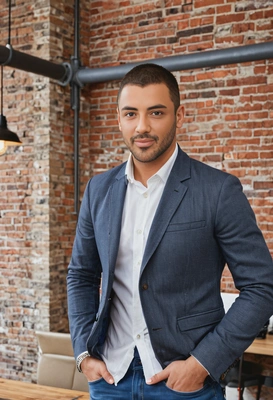 A young entrepreneur in a casual blazer and jeans, pitching a startup idea to investors in a trendy co-working space with exposed brick walls, close-up