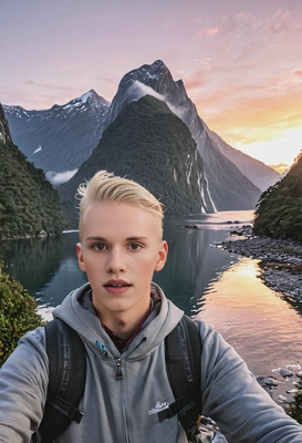 as a traveler, greets the dawn at the Milford Sound in New Zealand, look at the camera