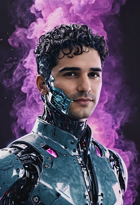 as a hyperrealistic cybernetic man in a digital world, duallight Smoke Photo Effect, half-body high-quality portrait, lit by blinding lights, eyes on viewer, futuristic background, vaporwave aesthetics