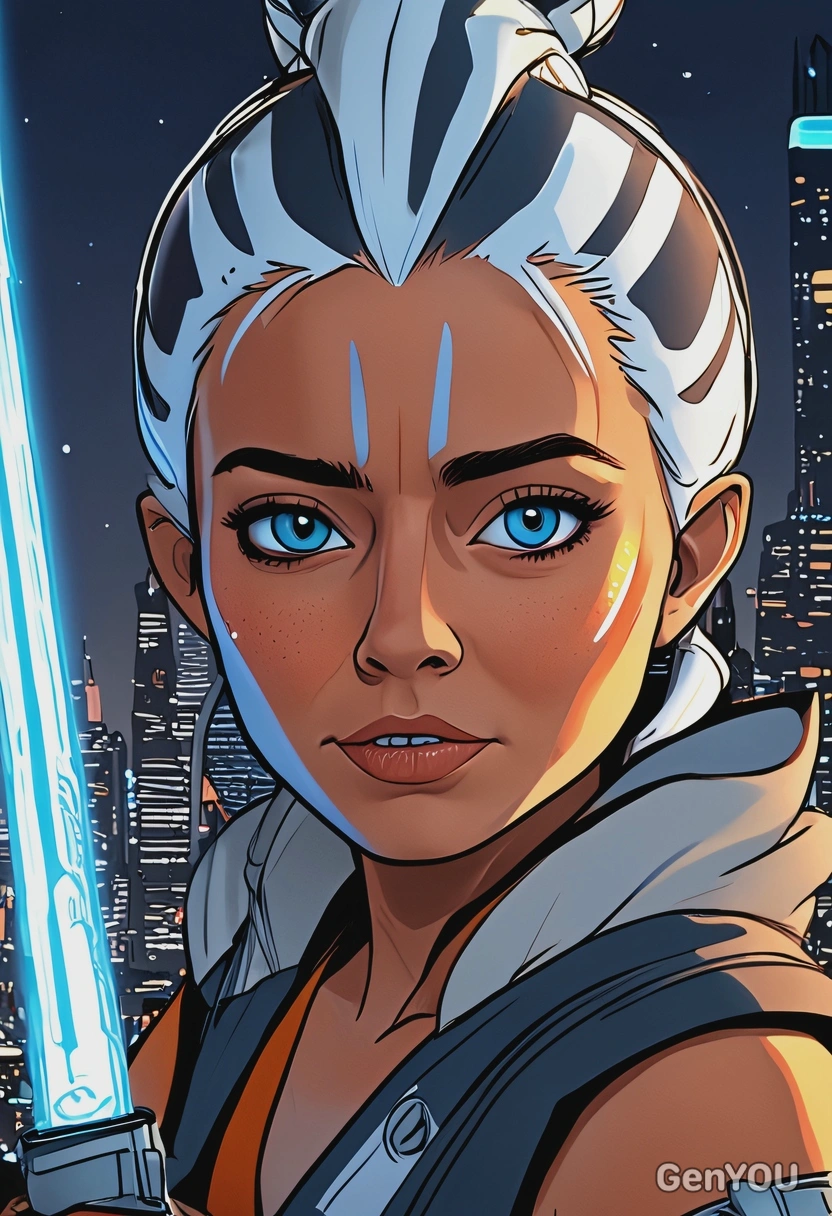 Hand-drawn flat cartoon style, Ahsoka Tano from Star wars, dynamic outlines, lightsaber blue light, oversized cartoon big sparkling eyes, close-up frame, Coruscant cityscape