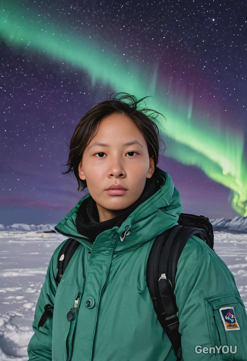 as a traveler, half-body, Northern Lights across the night sky over a snowy Arctic landscape, blurry background, professional photography