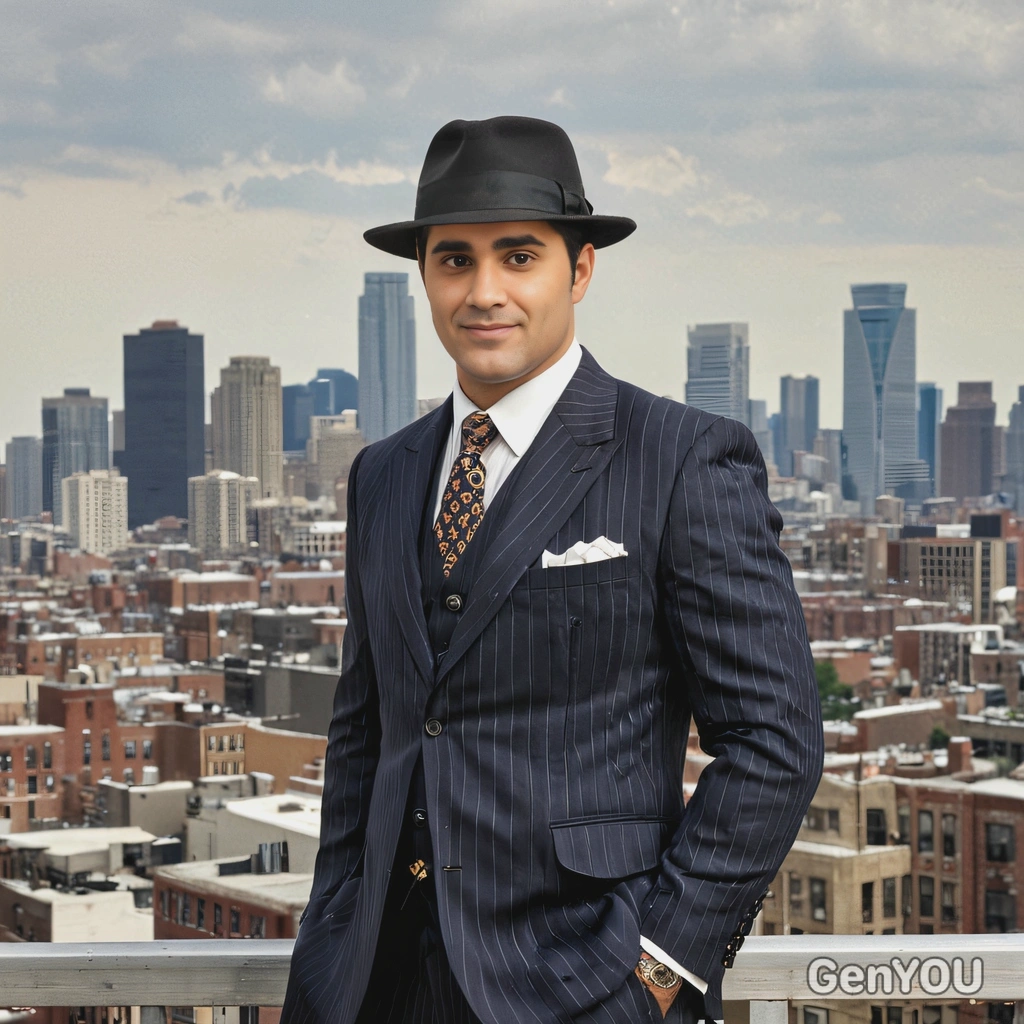 dressed as a 1920s mobster in a pinstripe suit and fedora, with the city skyline in the background