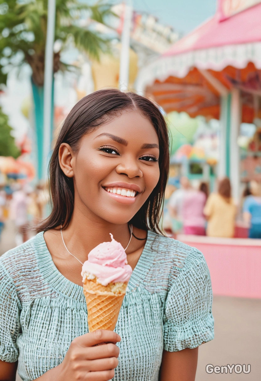 with an ice cream at amusement park, pastel colors, blurred background, looking happy
