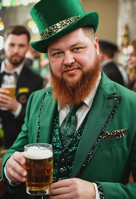 sharp skin texture details, fizzy long red beard, green suit with sequins, black hat, holding a glass of beer, blurry St Patrick crowded party background, soft lighting
