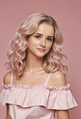 soft pastel pink waves cascading down to the shoulders, styled with loose curls, set against a dreamy blush-toned background
