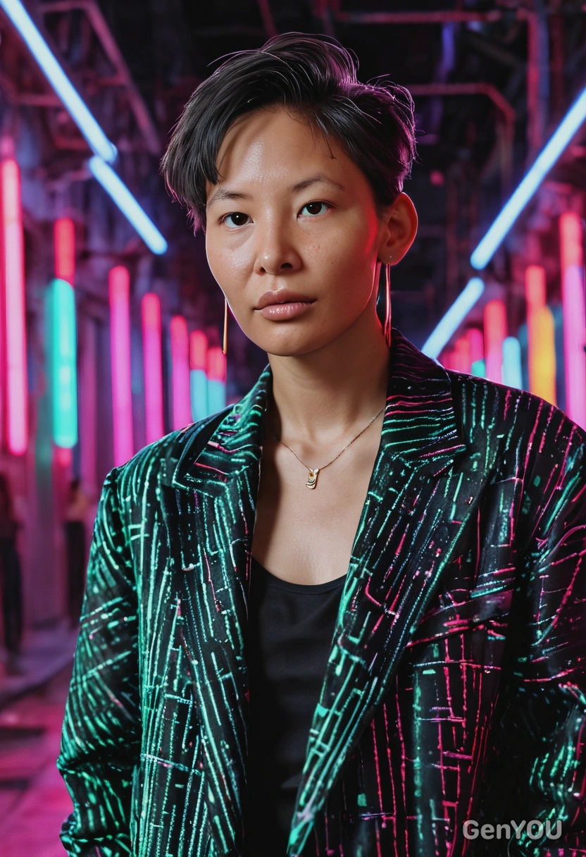 as a movie star in fashionable clothes, blurred background, neon lights, symmetrical details