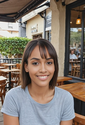 headshot, smiling, with a soft fringe, wearing a plain wash tee, against a backdrop of a bustling café patio