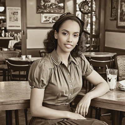 in a high-waisted skirt and blouse from the 1940s, sitting at a café table, sepia tone