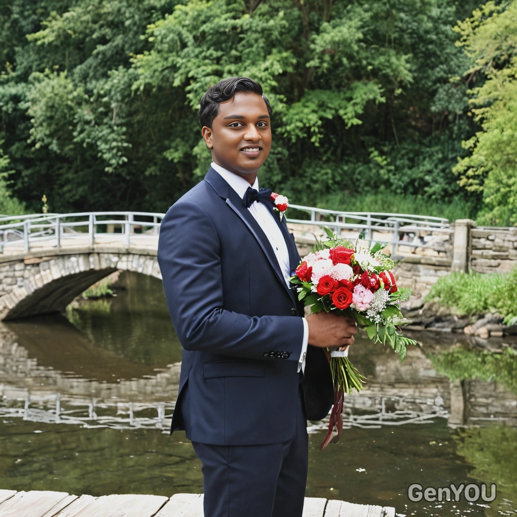 as a groom, standing near a bridge over a tranquil river, holding a bouquet, wearing a tailored suit, with trees reflected in the water below